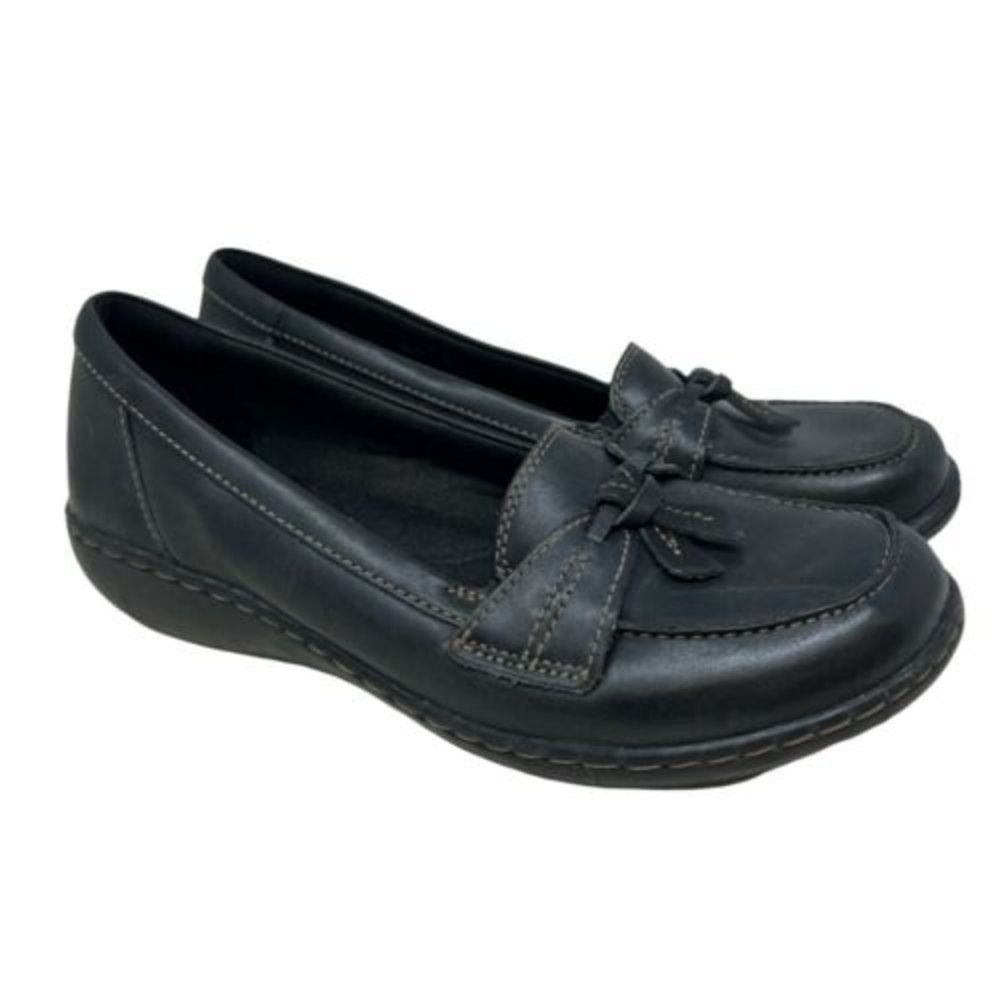Women's Clarks Bubble Loafer Black Leather, Cushioned Footbed,Sz. 8 M